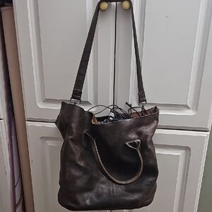 Elegant Brown Leather Tote Bag With Removable Denim Lining. Distressed Look!